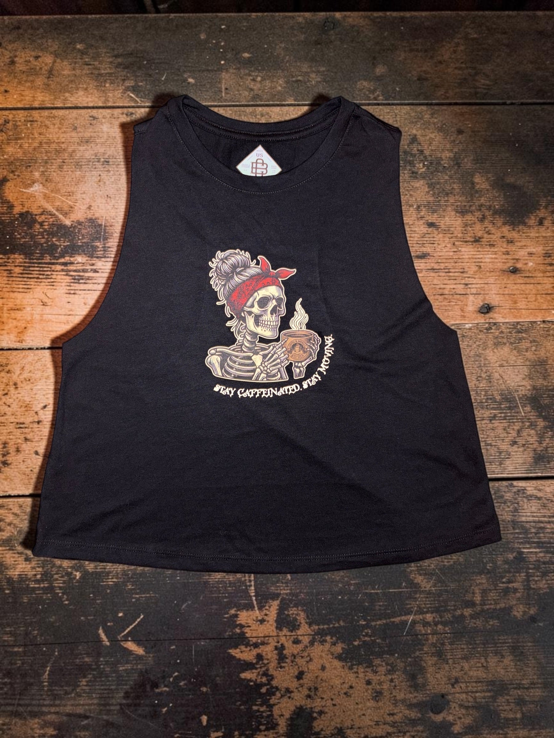 Sleevelss Crop T - Stay Caffeinated. Stay Moving. Black